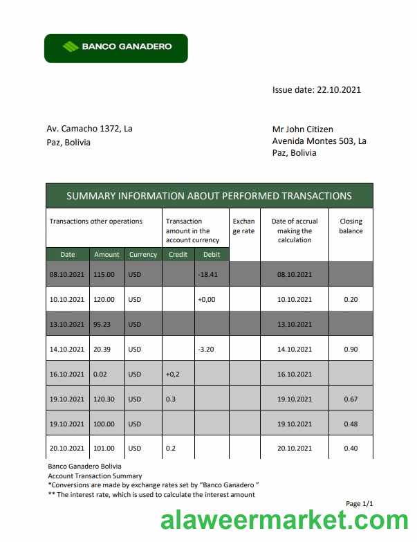 Bolivia Banco Ganadero bank statement template, Word and PDF format